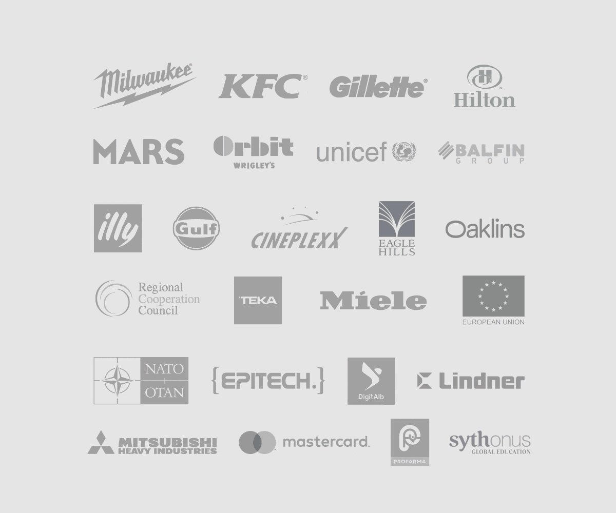 Milwaukee, KFC, Gillette, Hilton, Mars, Orbit Wrigley's, UNICEF, Balfin Group, illy, Gulf, Cineplexx, Eagle Hills, Oaklins, Conselho de Cooperação Regional, Teka, Miele, União Europeia, NATO, Epitech, DigitAlb, Lindner, Mitsubishi Heavy Industries, Mastercard, Profarma, Sythonus Global Education